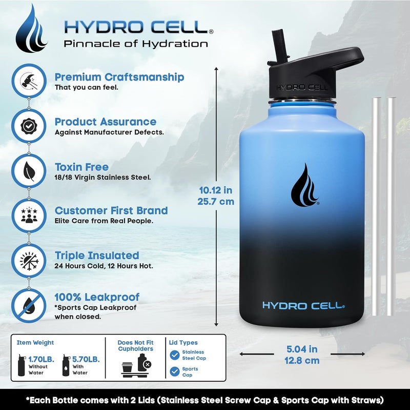 HYDRO CELL Stainless Steel Insulated Water Bottle with Straw - For Cold & Hot Drinks - Metal Vacuum Flask with Screw Cap and Modern Leakproof Sport Thermos for Adults (Blue/Black 64oz) - Image 2